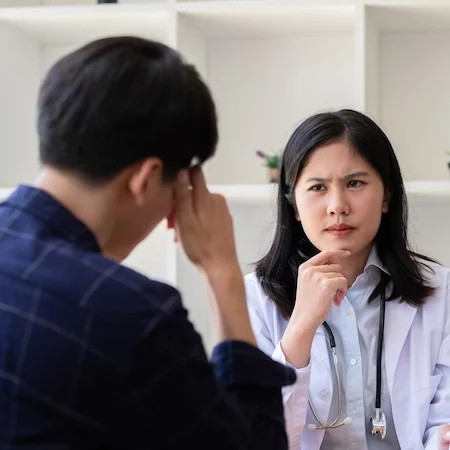 Female doctor giving advice on mental health consultation at Bardon Rainworth Medical Center